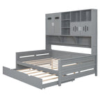 Full Size Daybed with Twin Size Trundle, Solid Wood Day Bed Frame w/All-in-One Cabinet and Shelf Compact Bedroom Daybed