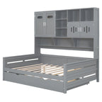 Full Size Daybed with Twin Size Trundle, Solid Wood Day Bed Frame w/All-in-One Cabinet and Shelf Compact Bedroom Daybed