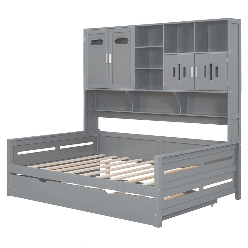 Full Size Daybed with Twin Size Trundle, Solid Wood Day Bed Frame w/All-in-One Cabinet and Shelf Compact Bedroom Daybed