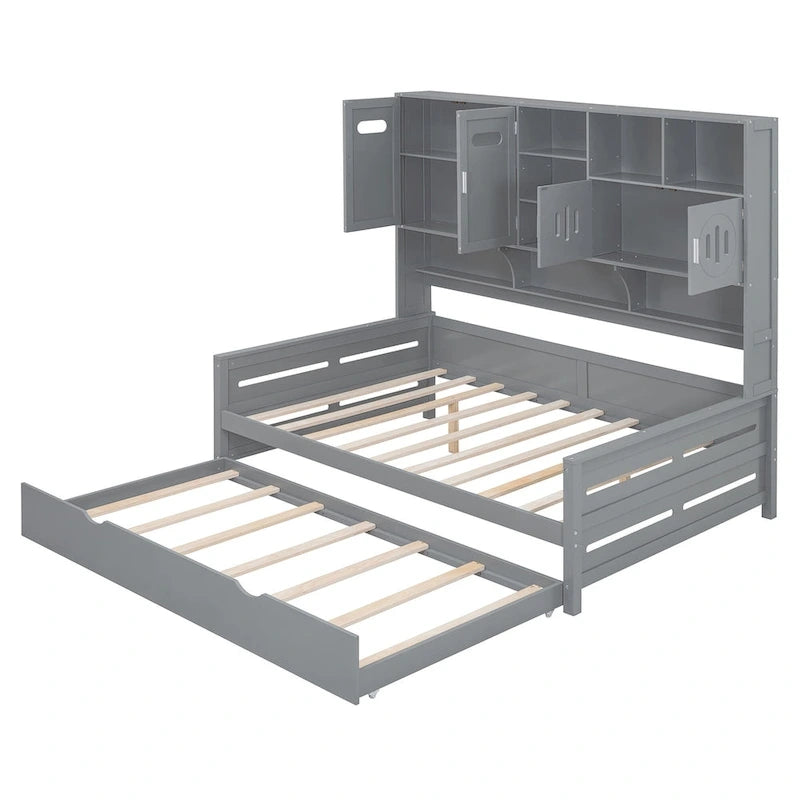 Full Size Daybed with Twin Size Trundle, Solid Wood Day Bed Frame w/All-in-One Cabinet and Shelf Compact Bedroom Daybed