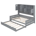 Full Size Daybed with Twin Size Trundle, Solid Wood Day Bed Frame w/All-in-One Cabinet and Shelf Compact Bedroom Daybed