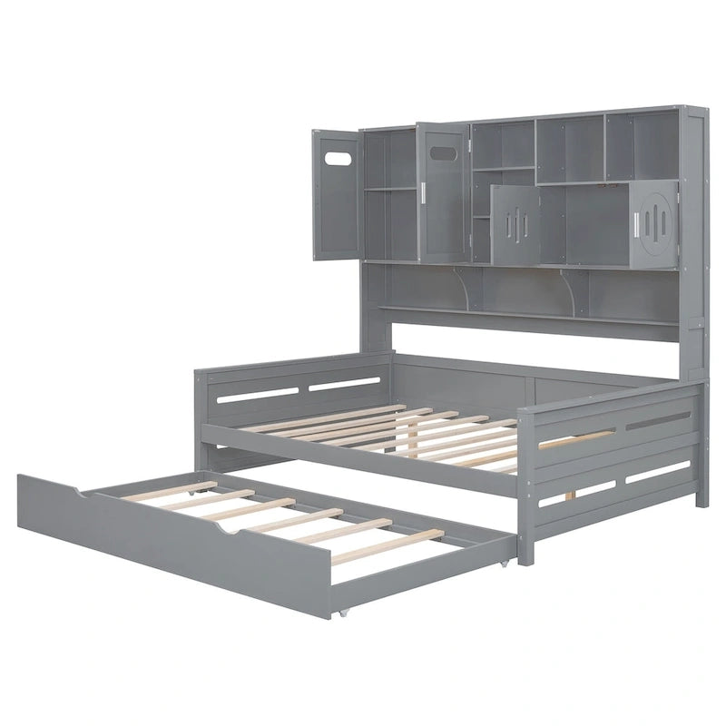 Full Size Daybed with Twin Size Trundle, Solid Wood Day Bed Frame w/All-in-One Cabinet and Shelf Compact Bedroom Daybed