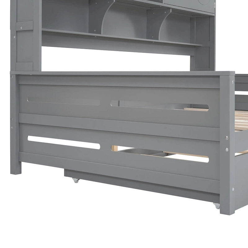 Full Size Daybed with Twin Size Trundle, Solid Wood Day Bed Frame w/All-in-One Cabinet and Shelf Compact Bedroom Daybed