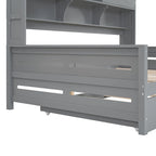 Full Size Daybed with Twin Size Trundle, Solid Wood Day Bed Frame w/All-in-One Cabinet and Shelf Compact Bedroom Daybed