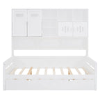 Full Size Daybed with Twin Size Trundle, Solid Wood Day Bed Frame w/All-in-One Cabinet and Shelf Compact Bedroom Daybed