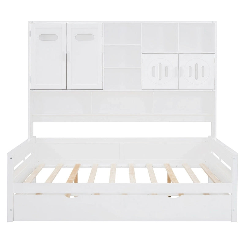 Full Size Daybed with Twin Size Trundle, Solid Wood Day Bed Frame w/All-in-One Cabinet and Shelf Compact Bedroom Daybed