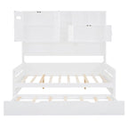 Full Size Daybed with Twin Size Trundle, Solid Wood Day Bed Frame w/All-in-One Cabinet and Shelf Compact Bedroom Daybed