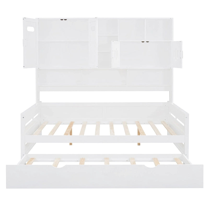 Full Size Daybed with Twin Size Trundle, Solid Wood Day Bed Frame w/All-in-One Cabinet and Shelf Compact Bedroom Daybed