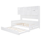 Full Size Daybed with Twin Size Trundle, Solid Wood Day Bed Frame w/All-in-One Cabinet and Shelf Compact Bedroom Daybed