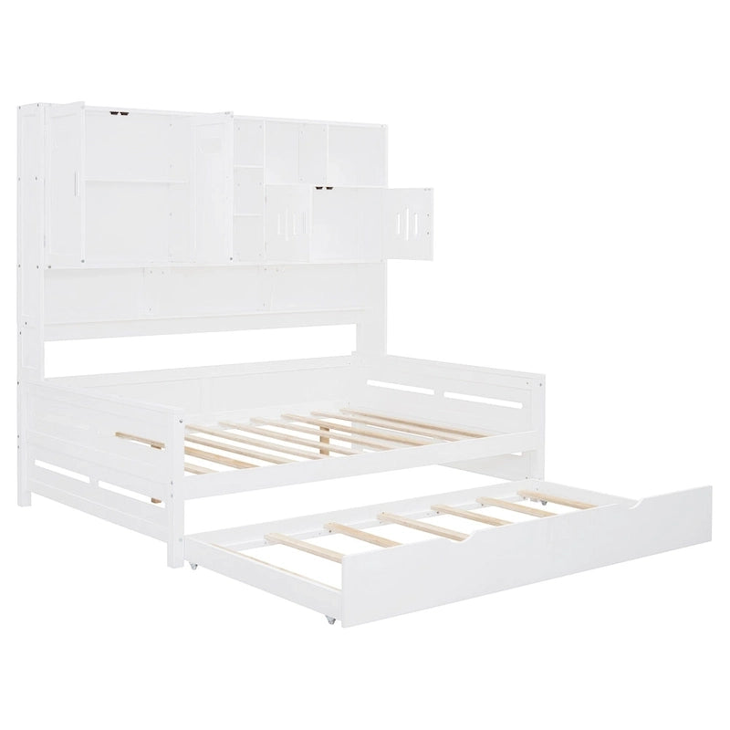 Full Size Daybed with Twin Size Trundle, Solid Wood Day Bed Frame w/All-in-One Cabinet and Shelf Compact Bedroom Daybed
