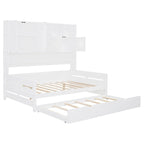 Full Size Daybed with Twin Size Trundle, Solid Wood Day Bed Frame w/All-in-One Cabinet and Shelf Compact Bedroom Daybed
