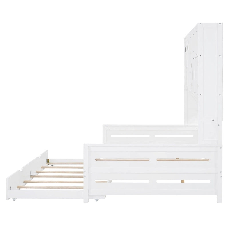 Full Size Daybed with Twin Size Trundle, Solid Wood Day Bed Frame w/All-in-One Cabinet and Shelf Compact Bedroom Daybed