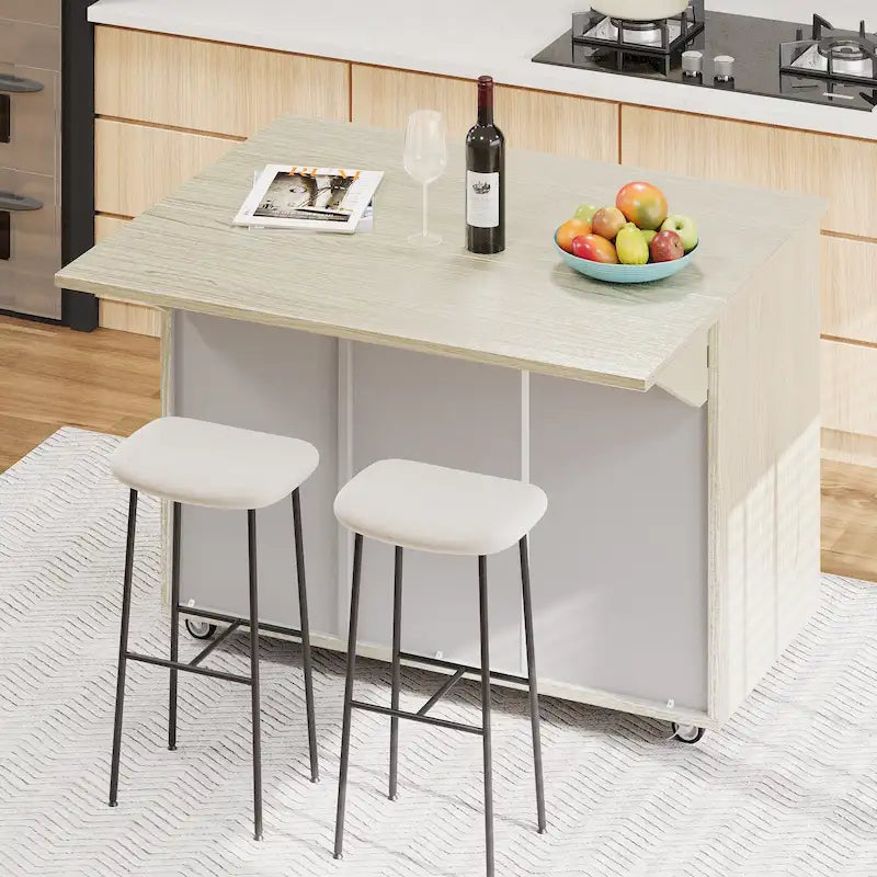 51.2W Ash Veneer Solid Wood Handwoven Kitchen Island With Drop Leaf(no include stool)