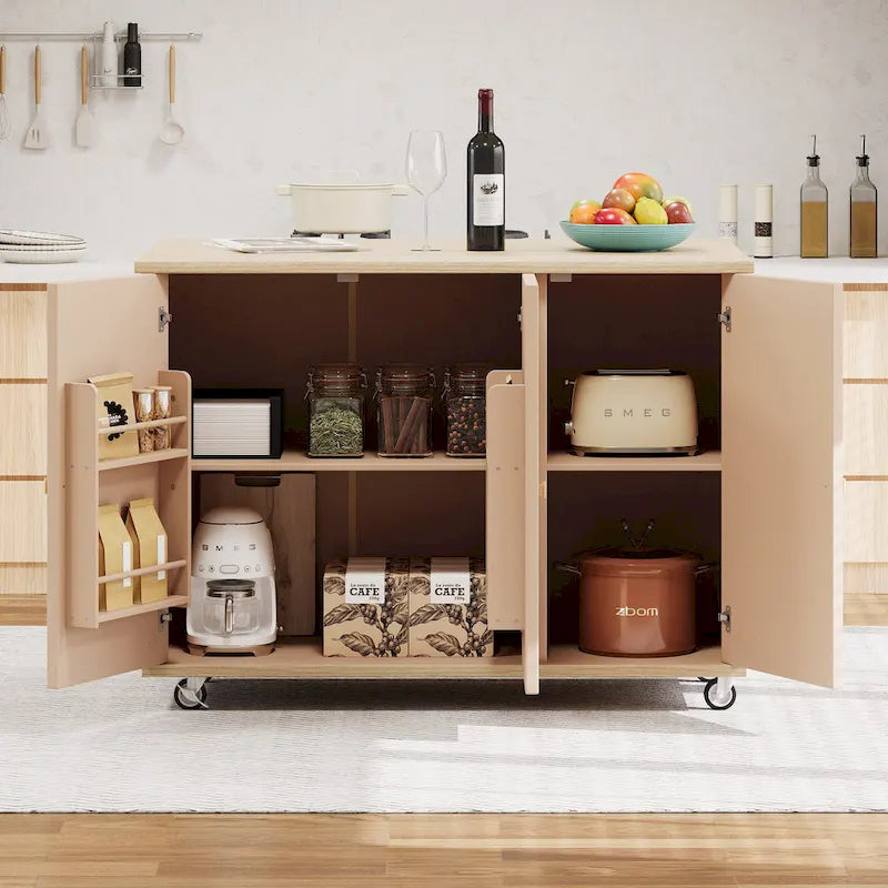 51.2W Ash Veneer Solid Wood Handwoven Kitchen Island With Drop Leaf(no include stool)