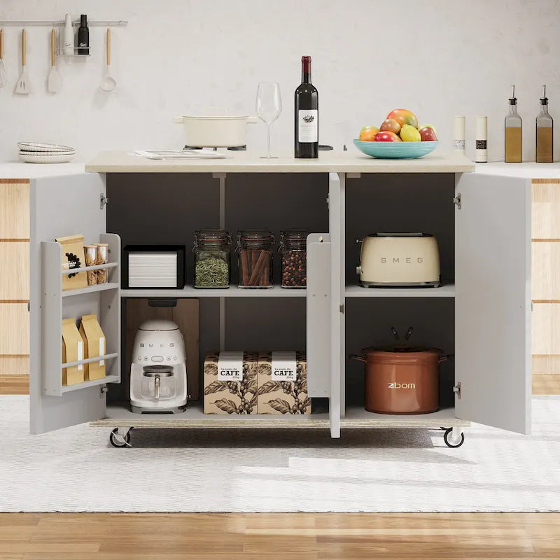 51.2W Ash Veneer Solid Wood Handwoven Kitchen Island With Drop Leaf(no include stool)