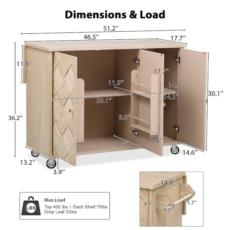 51.2W Ash Veneer Solid Wood Handwoven Kitchen Island With Drop Leaf(no include stool)