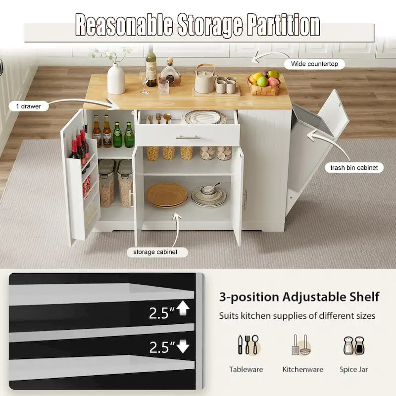 53 Inch Large Kitchen Island With Trash Can Storage Cabinet(no include stool)