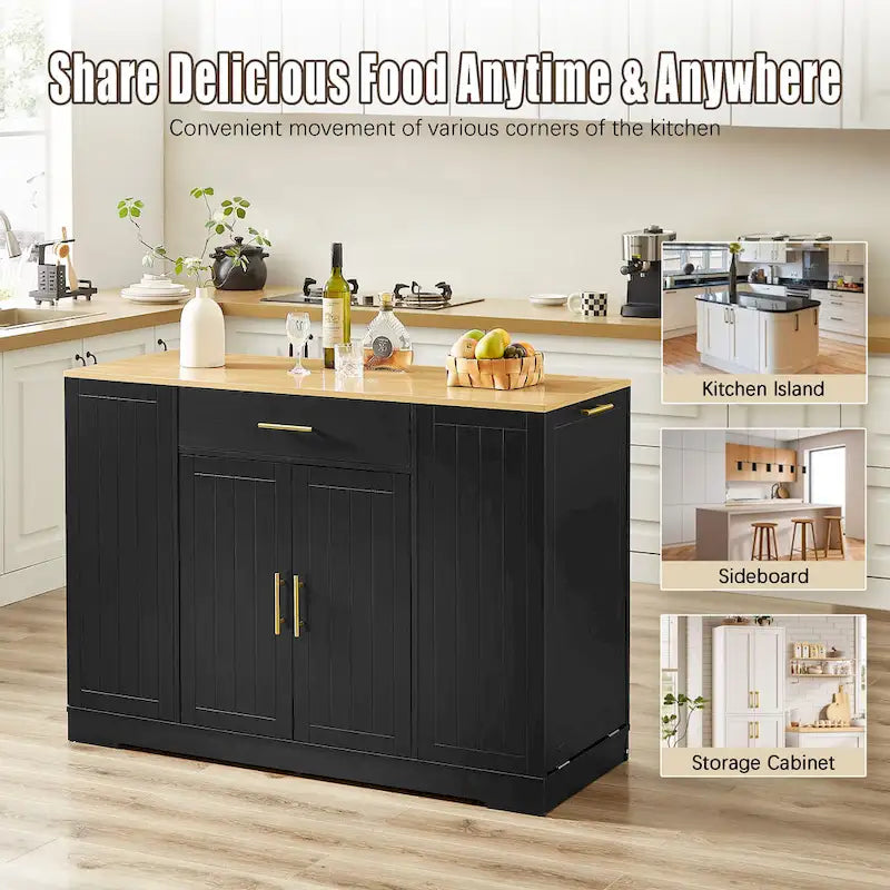 53 Inch Large Kitchen Island With Trash Can Storage Cabinet(no include stool)
