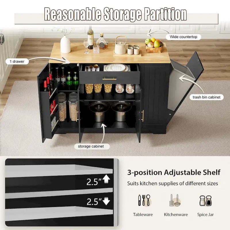 53 Inch Large Kitchen Island With Trash Can Storage Cabinet(no include stool)
