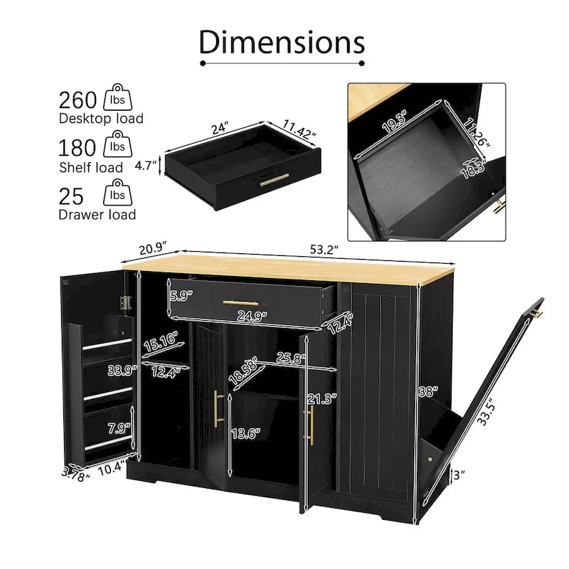 53 Inch Large Kitchen Island With Trash Can Storage Cabinet(no include stool)