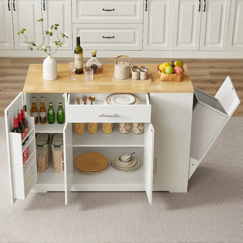 53 Inch Large Kitchen Island With Trash Can Storage Cabinet(no include stool)