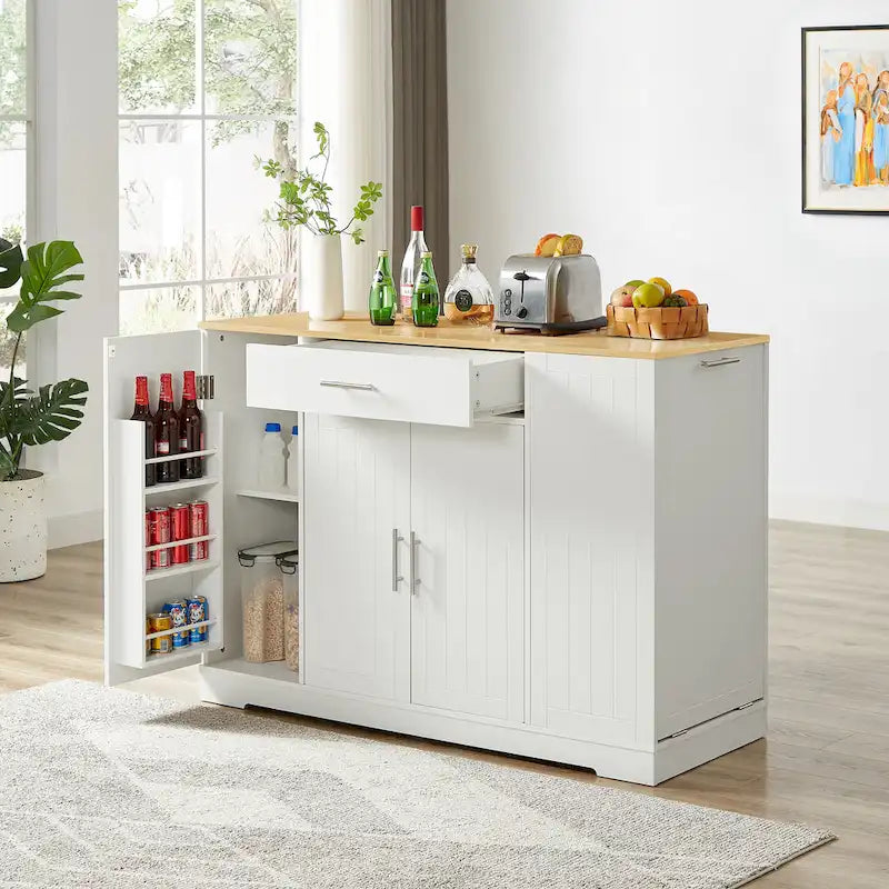 53 Inch Large Kitchen Island With Trash Can Storage Cabinet(no include stool)