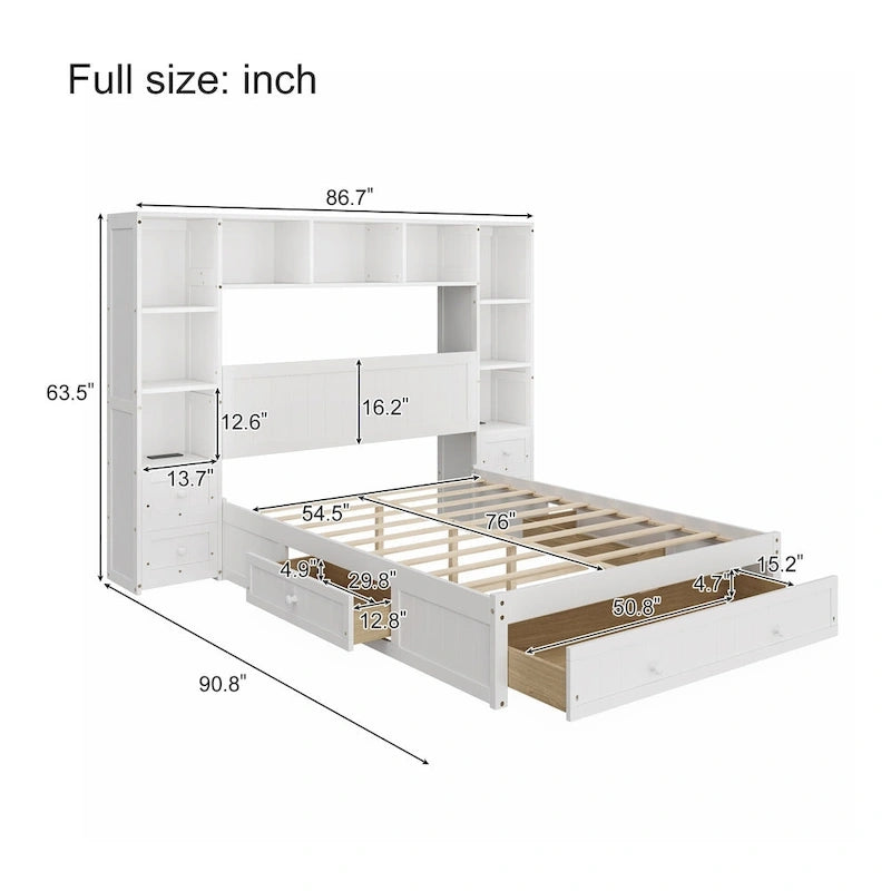 Wood Platform Bed with All-In-One Bookcase Cabinets Shelves Built-in Charging Stations - Captain Bed Frame with Storage Drawers