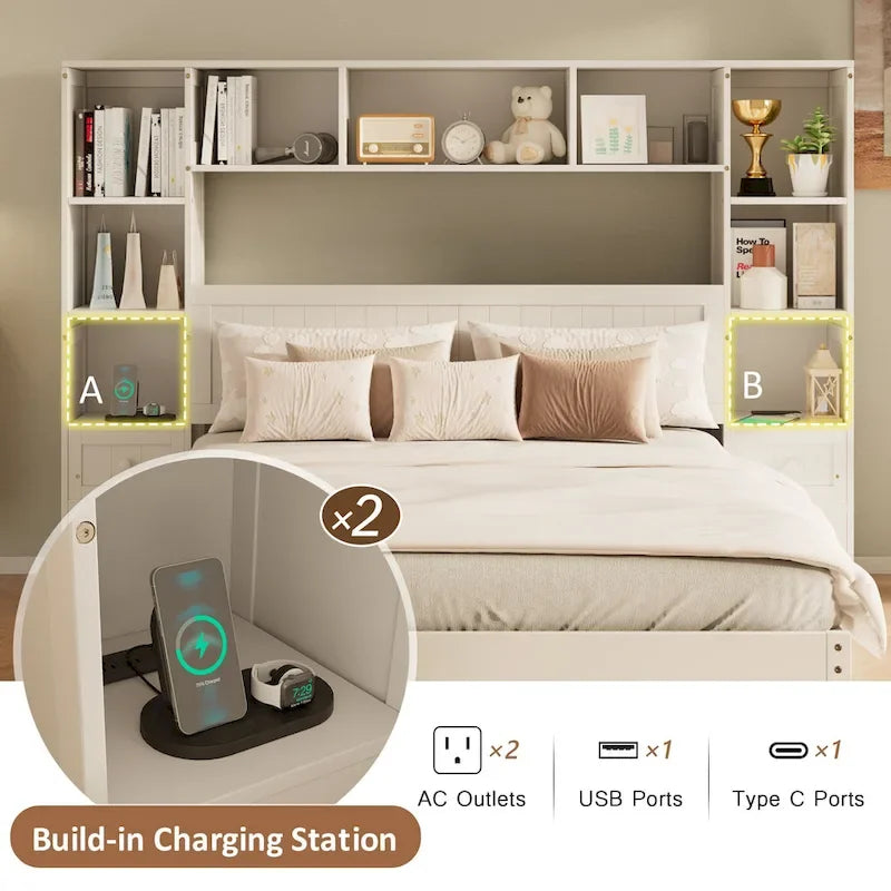Wood Platform Bed with All-In-One Bookcase Cabinets Shelves Built-in Charging Stations - Captain Bed Frame with Storage Drawers