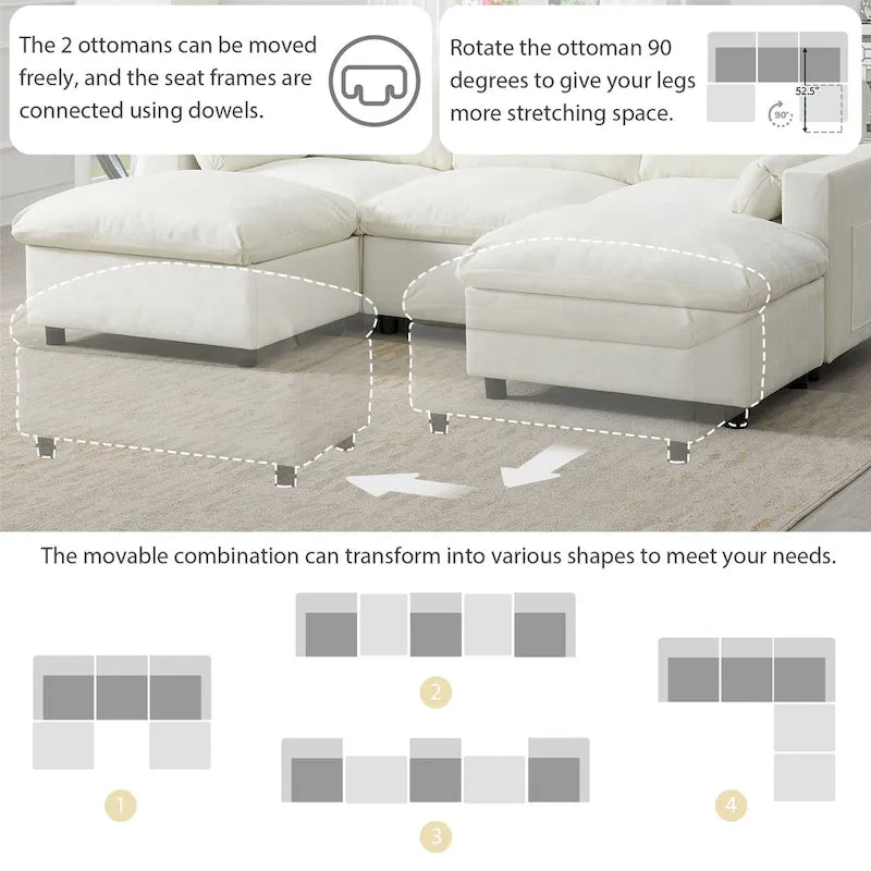 U Shaped Chenille Modular Sectional Cloud Sofa with 2 Ottoman, Pillows