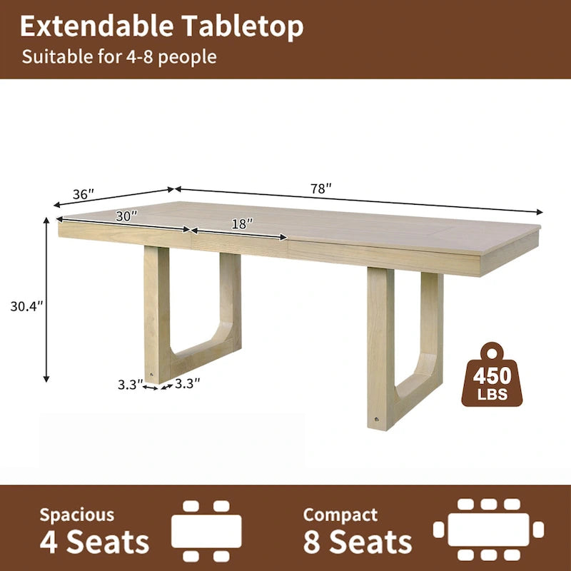 60-78 Extendable Dining Table, Farmhouse Wooden Kitchen Table with Removable Leaf, Large Expanding Table for 4-8