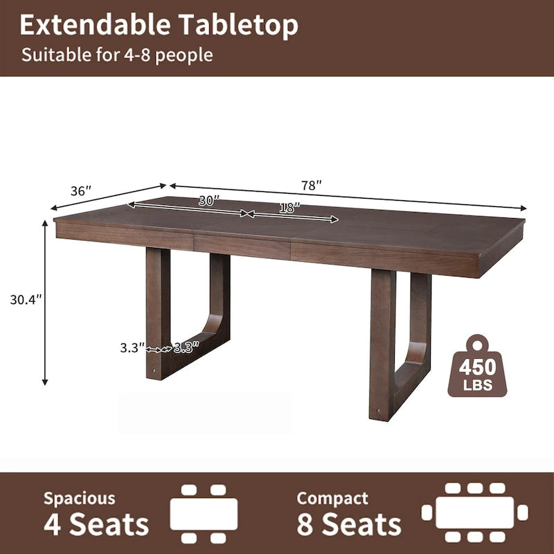 60-78 Extendable Dining Table, Farmhouse Wooden Kitchen Table with Removable Leaf, Large Expanding Table for 4-8