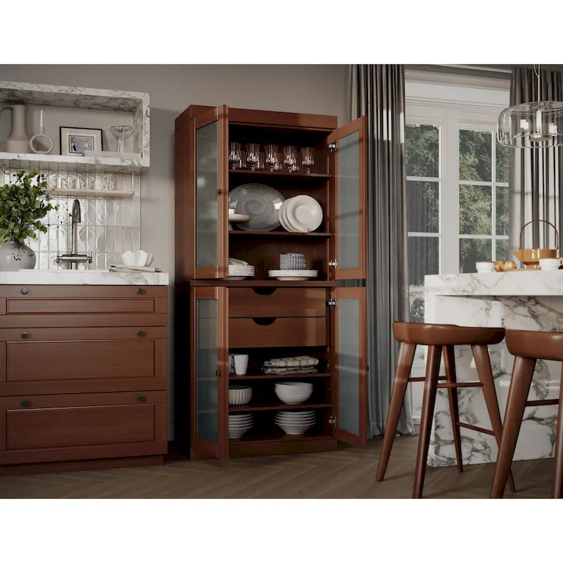 Palace Imports 100% Solid Wood Pantry Cabinet with Frosted Glass Doors, 2-Drawers and Adjustable Shelves - 32 x 71.5