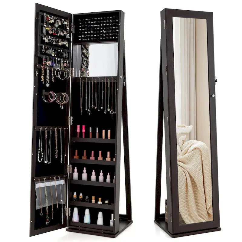 Costway Mirrored Jewelry Cabinet Armoire Lockable Standing Storage - Black - See Details