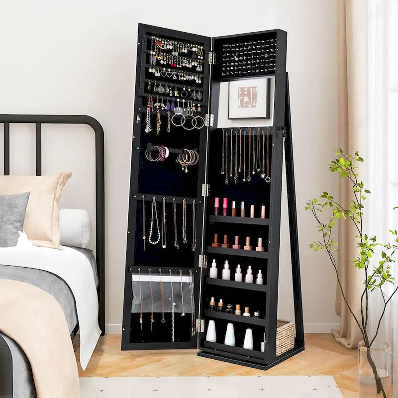 Costway Mirrored Jewelry Cabinet Armoire Lockable Standing Storage - Black - See Details