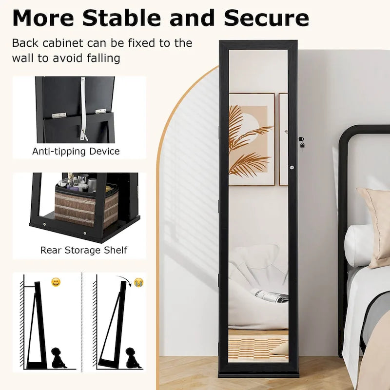 Costway Mirrored Jewelry Cabinet Armoire Lockable Standing Storage - Black - See Details