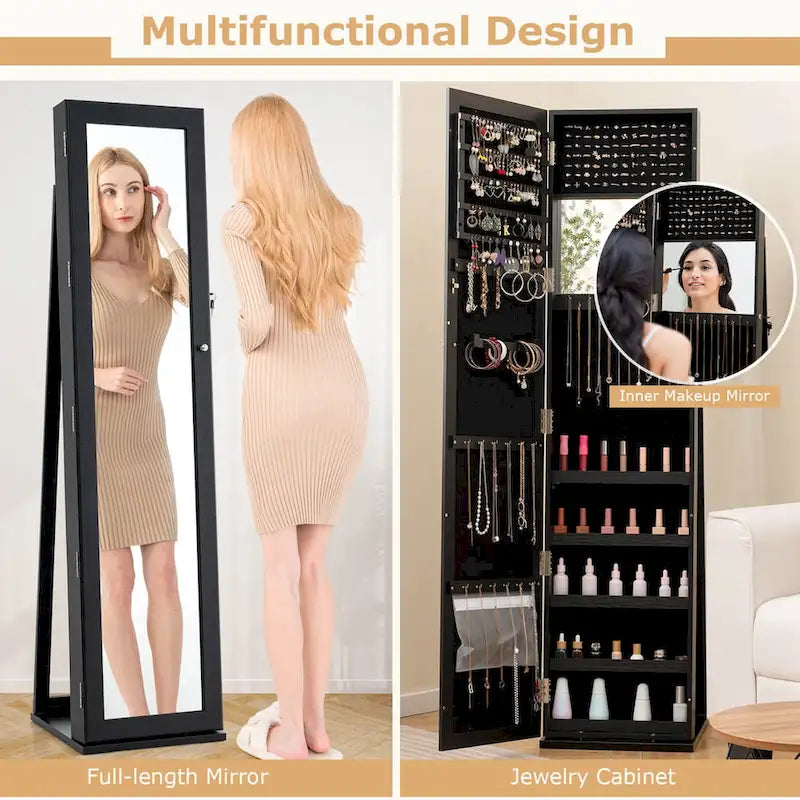 Costway Mirrored Jewelry Cabinet Armoire Lockable Standing Storage - Black - See Details