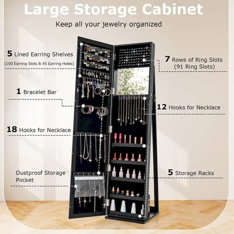 Costway Mirrored Jewelry Cabinet Armoire Lockable Standing Storage - Black - See Details