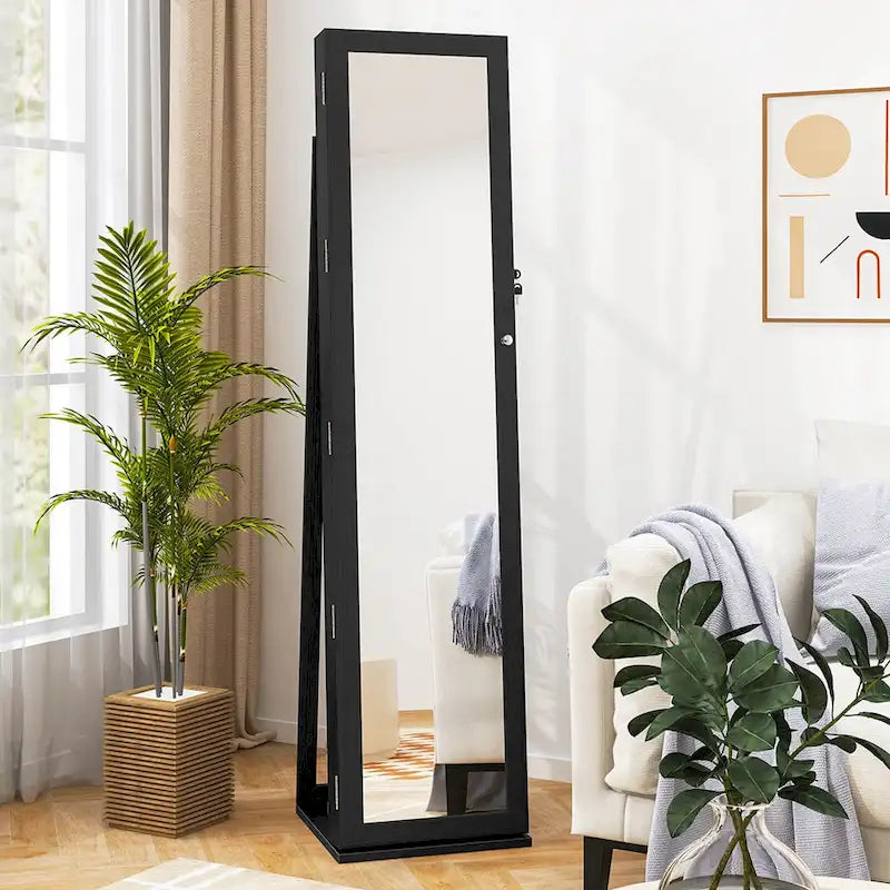 Costway Mirrored Jewelry Cabinet Armoire Lockable Standing Storage - Black - See Details
