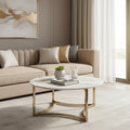 Acor Coffee Table, 35 Inch, Round Sintered Stone Top, White and Gold