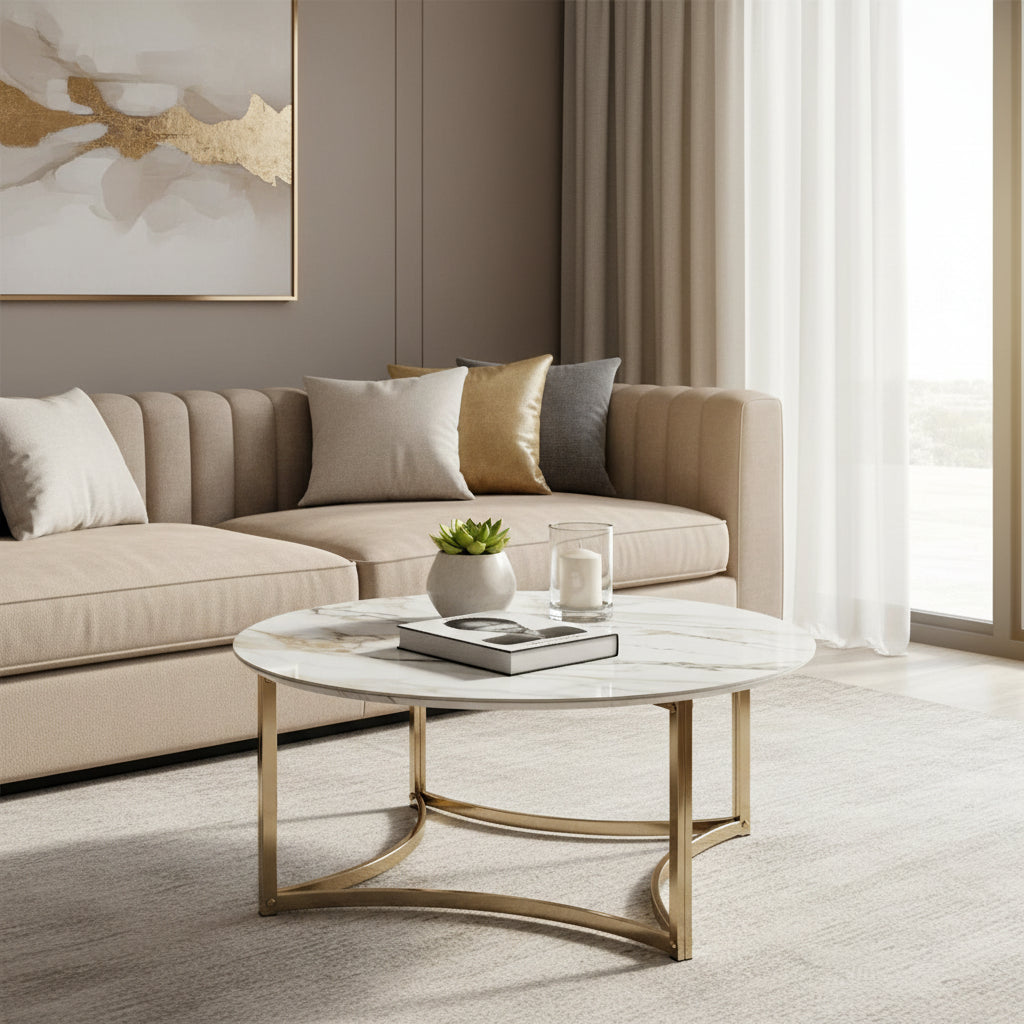 Acor Coffee Table, 35 Inch, Round Sintered Stone Top, White and Gold