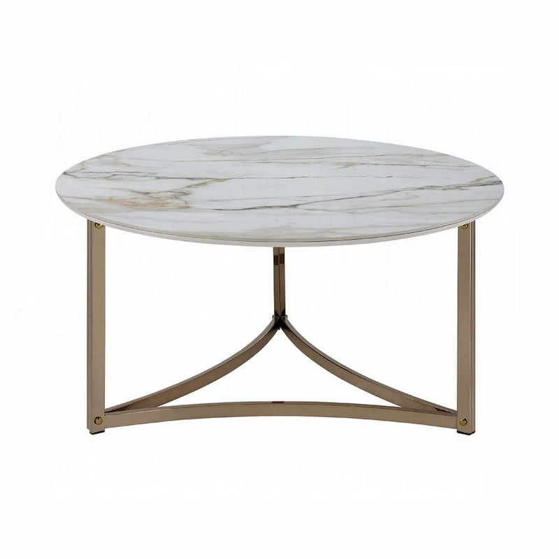 Coffee Table, 35-inch, Round Sintered Stone Top, White and Gold Color Scheme