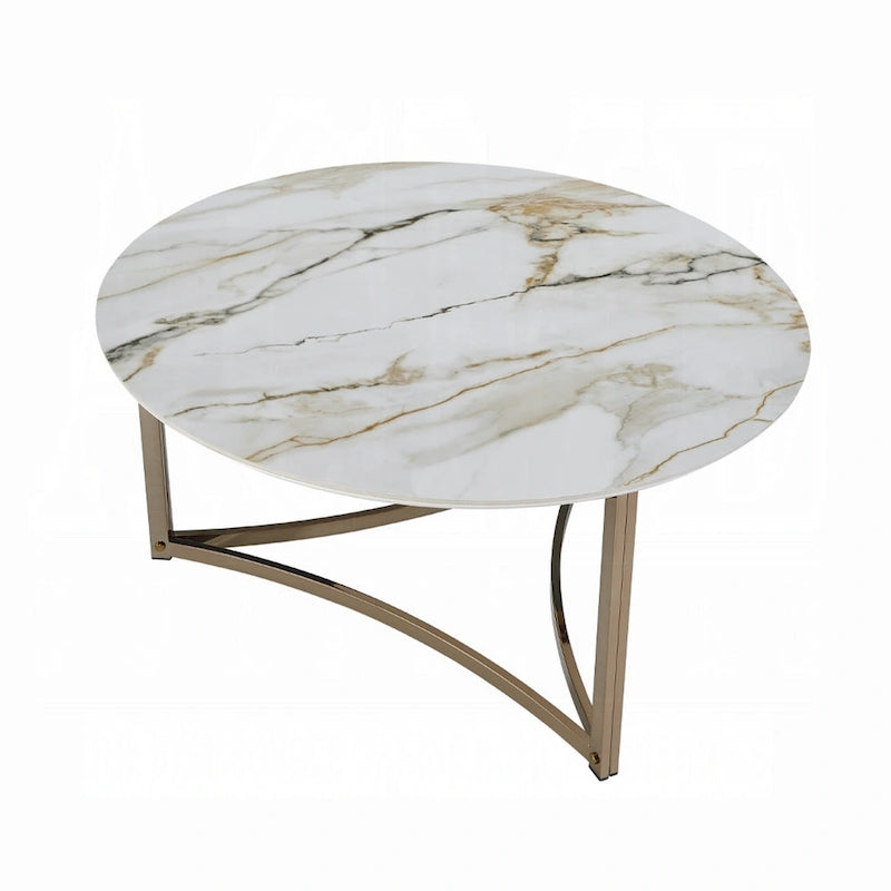 Coffee Table, 35-inch, Round Sintered Stone Top, White and Gold Color Scheme