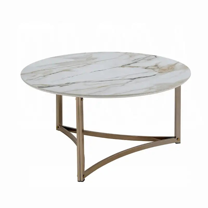 Coffee Table, 35-inch, Round Sintered Stone Top, White and Gold Color Scheme