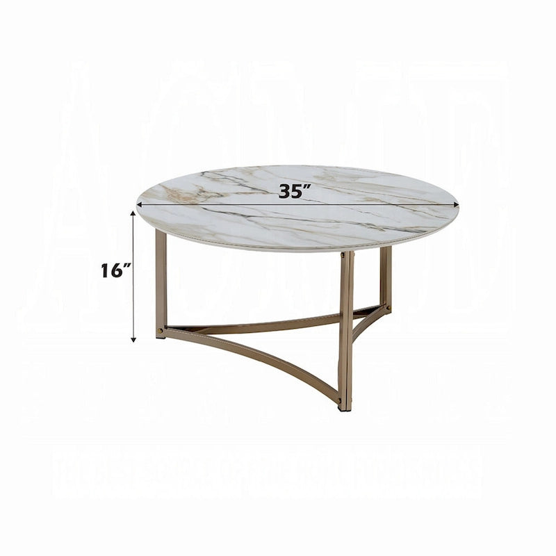 Coffee Table, 35-inch, Round Sintered Stone Top, White and Gold Color Scheme