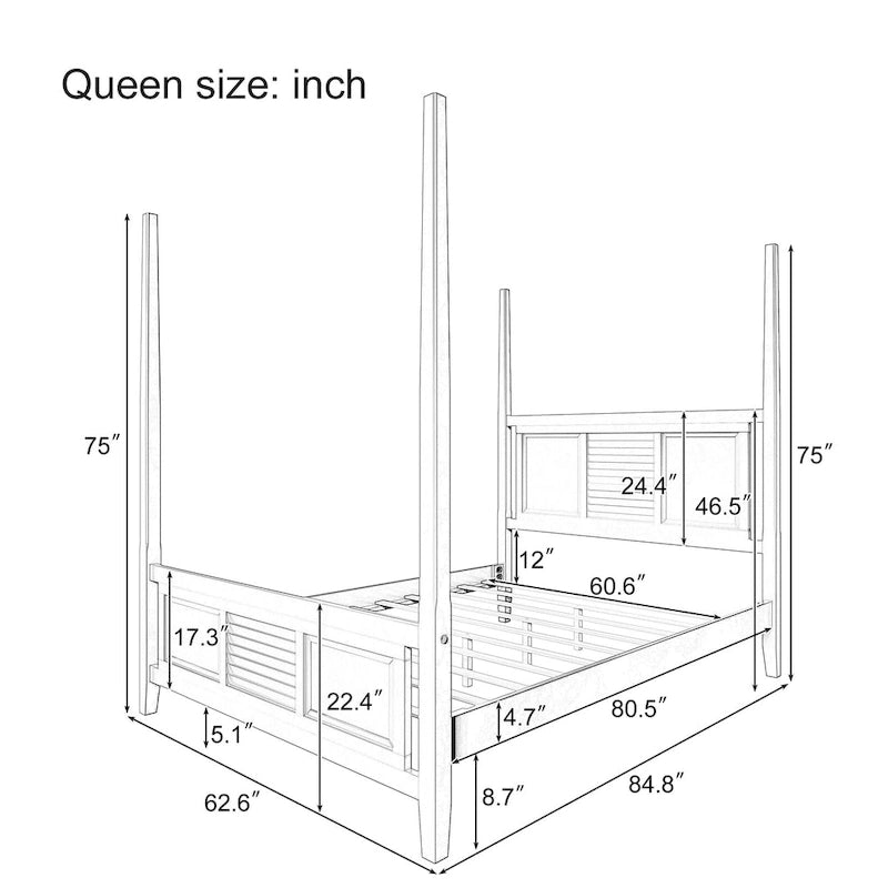 Queen Size Solid Pine Four Poster Bed with 75 Tall Four Poster Bed Frame