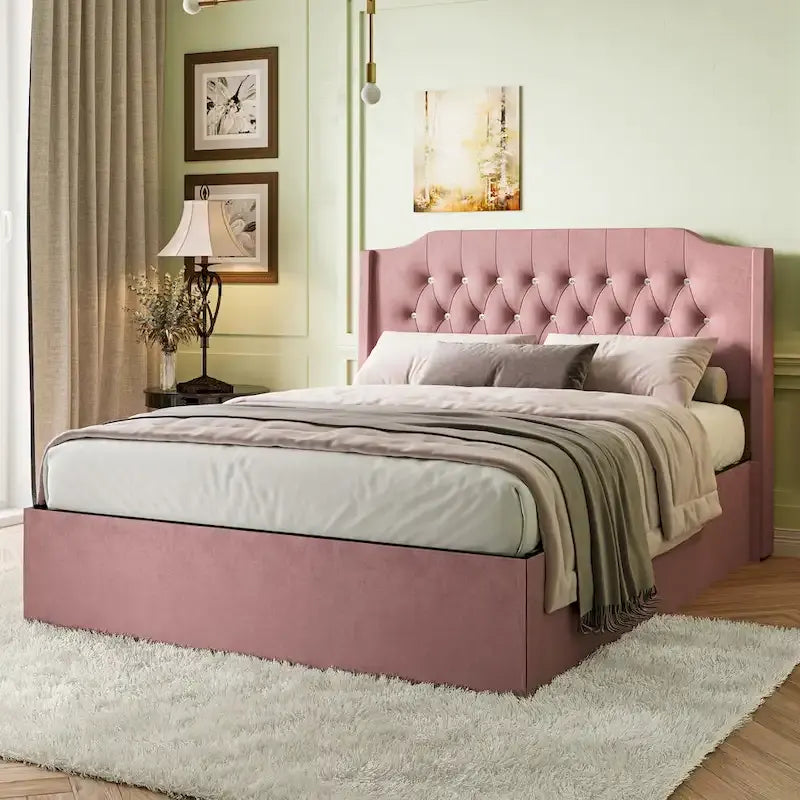 Queen Size Velvet Platform Bed with Tufted Headboard, Underbed Storage & Removable Velcro Fabric Cover
