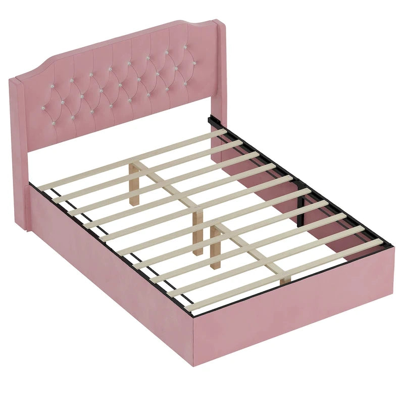 Queen Size Velvet Platform Bed with Tufted Headboard, Underbed Storage & Removable Velcro Fabric Cover