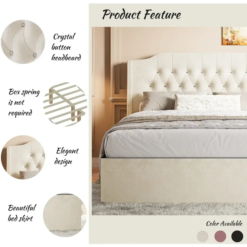 Queen Size Velvet Platform Bed with Tufted Headboard, Underbed Storage & Removable Velcro Fabric Cover