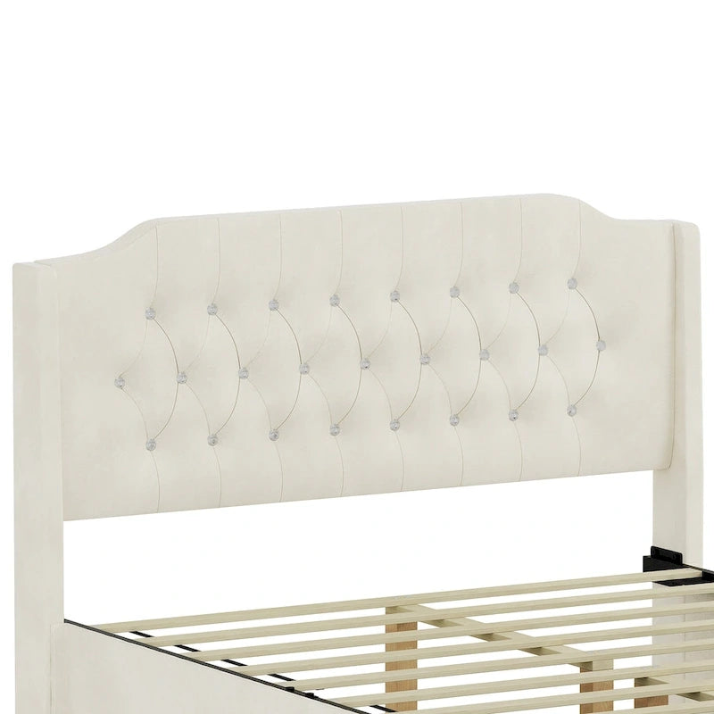 Queen Size Velvet Platform Bed with Tufted Headboard, Underbed Storage & Removable Velcro Fabric Cover