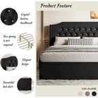 Queen Size Velvet Platform Bed with Tufted Headboard, Underbed Storage & Removable Velcro Fabric Cover